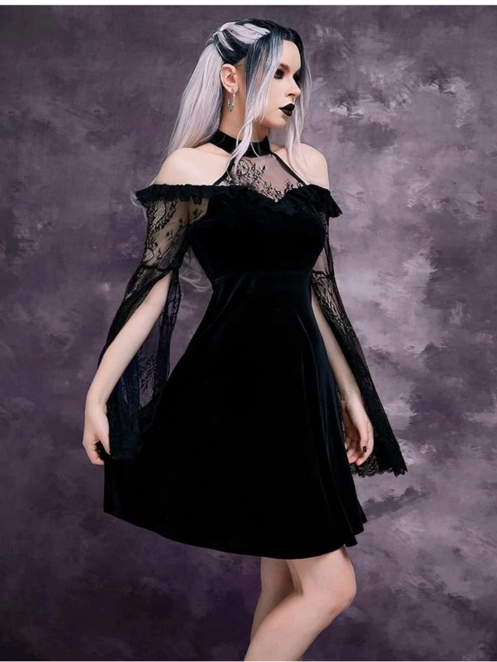 NWT Gothic Velvet and Lace Split Sleeve Cold Shoulder Mesh Dress Black Medium - Picture 7 of 11